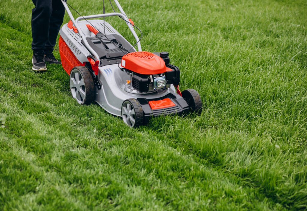Man cutting grass with lawn mover in the back yard Damaged grass edges from dull mower blades and trimming mistakes